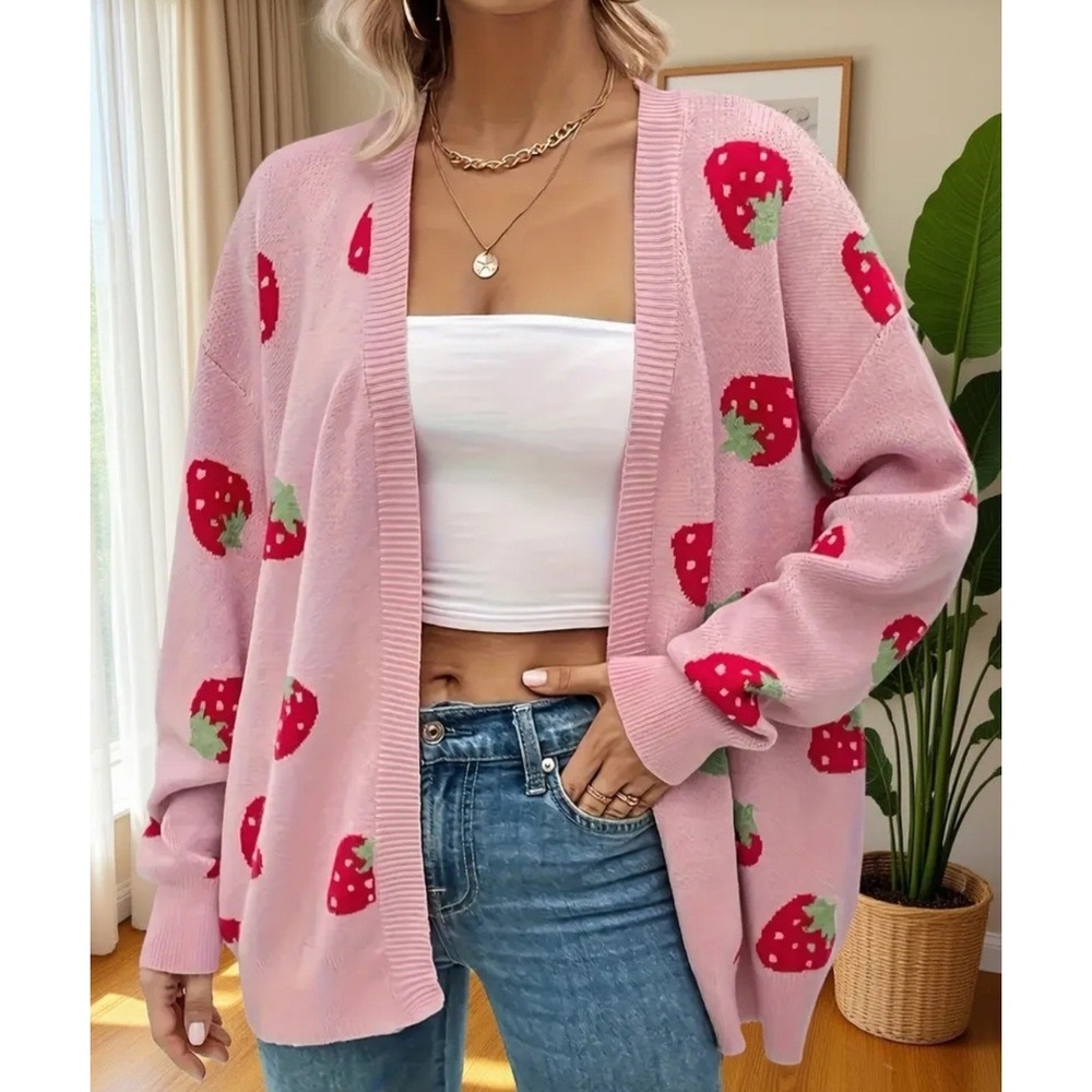 Pink‎ Strawberry Knit Cardigan Y2K Cozy Long Sleeve Sweater Size S EUC